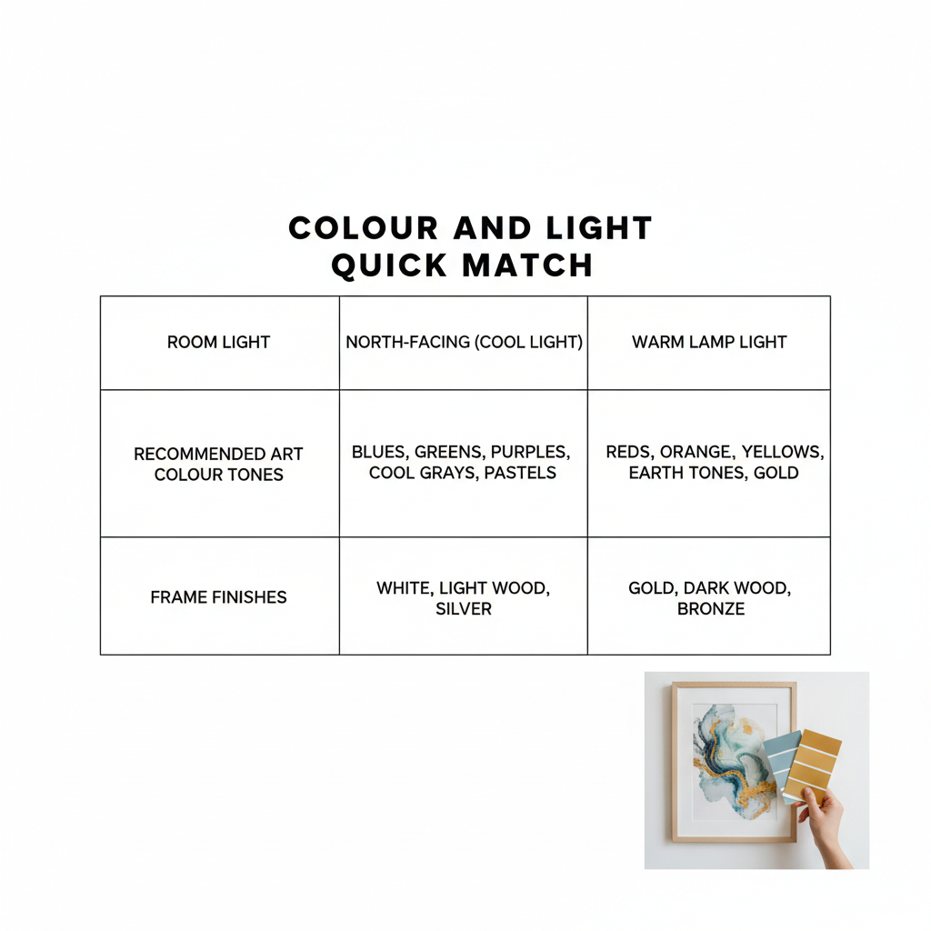 Infographic showing colour and light matching guide for wall art in different room lighting conditions